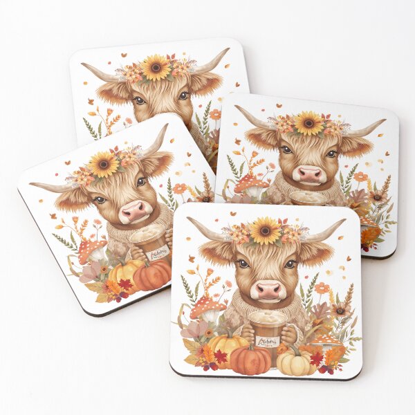 Item preview, Cute Highland Cow Drinking Pumpkin Spice Coffee with Autumn Floral Crown and Pumpkins  designed and sold by VibranPalette.