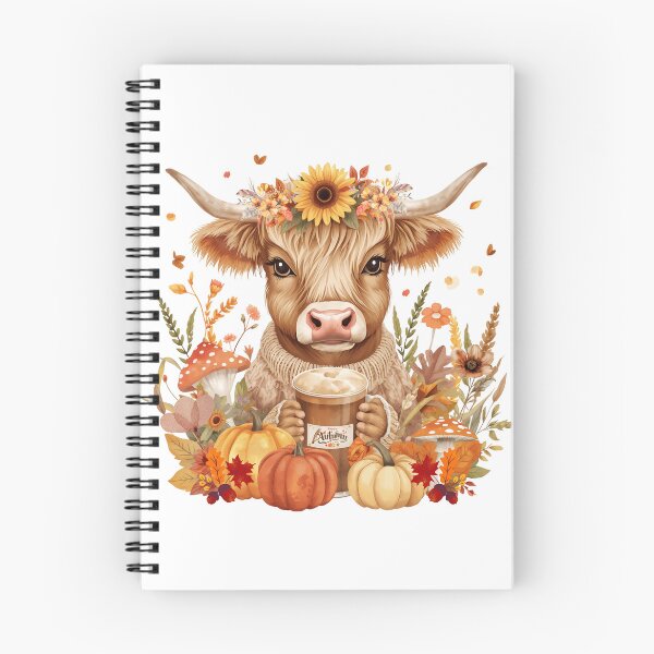 Item preview, Cute Highland Cow Drinking Pumpkin Spice Coffee with Autumn Floral Crown and Pumpkins  designed and sold by VibranPalette.