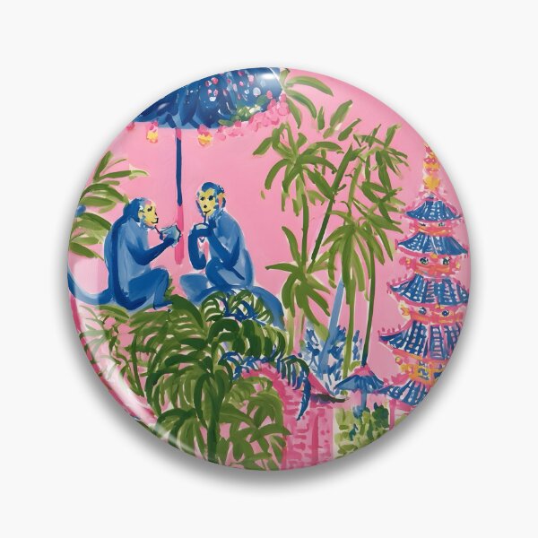 Item preview, Preppy chinoiserie monkeys with umbrella in pink pagoda garden designed and sold by SophieClimaArt.