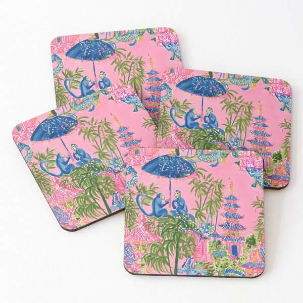 Item preview, Preppy chinoiserie monkeys with umbrella in pink pagoda garden designed and sold by SophieClimaArt.