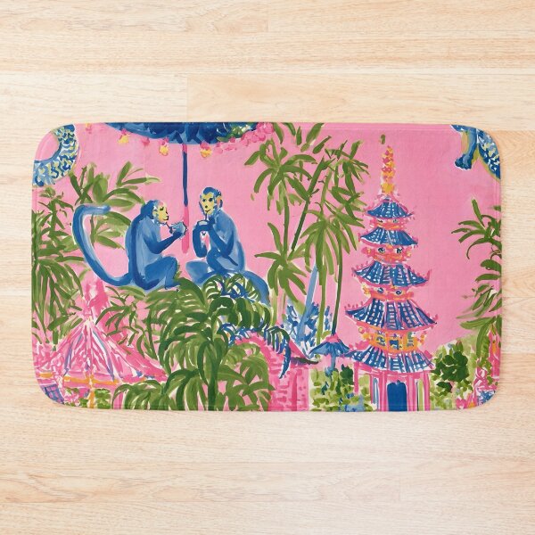 Item preview, Preppy chinoiserie monkeys with umbrella in pink pagoda garden designed and sold by SophieClimaArt.