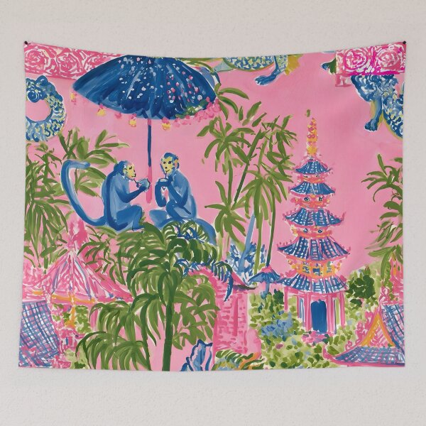 Item preview, Preppy chinoiserie monkeys with umbrella in pink pagoda garden designed and sold by SophieClimaArt.
