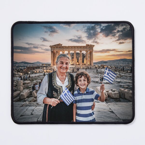 Item preview, Greek Grandma And Grandson Waving Greek Flags designed and sold by Home Decor Art.