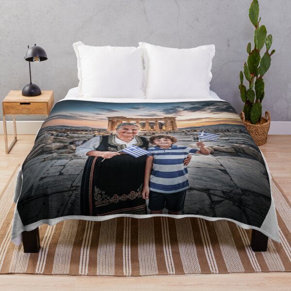 Item preview, Greek Grandma And Grandson Waving Greek Flags designed and sold by Home Decor Art.
