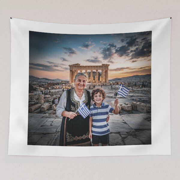 Item preview, Greek Grandma And Grandson Waving Greek Flags designed and sold by Home Decor Art.