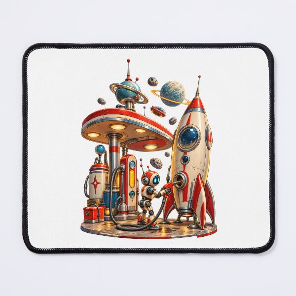 Item preview, Retro Space Gas Station – Vintage Sci Fi Rocket & Robot Refueling designed and sold by builtforyou.