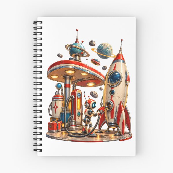 Item preview, Retro Space Gas Station – Vintage Sci Fi Rocket & Robot Refueling designed and sold by builtforyou.