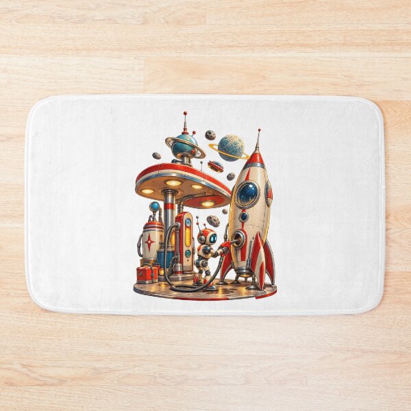 Item preview, Retro Space Gas Station – Vintage Sci Fi Rocket & Robot Refueling designed and sold by builtforyou.