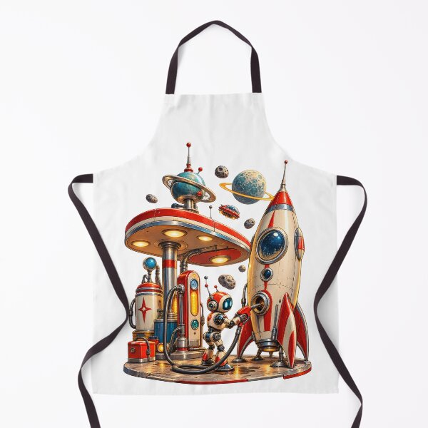 Item preview, Retro Space Gas Station – Vintage Sci Fi Rocket & Robot Refueling designed and sold by builtforyou.