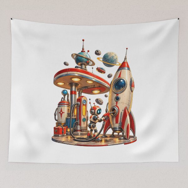 Item preview, Retro Space Gas Station – Vintage Sci Fi Rocket & Robot Refueling designed and sold by builtforyou.