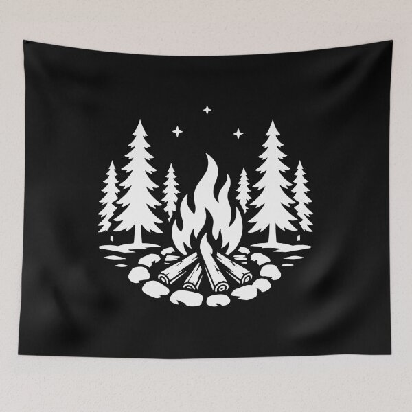 Item preview, Pine Trees Campfire & Crescent Moon Outdoor Nature Art designed and sold by BrushStrokesInk.