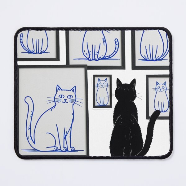 Item preview, Cat gallery t-shirt | Hand screen printed on beige organic cotton tee with black and blue illustration of a cat judging his own art designed and sold by wilyaneshop.