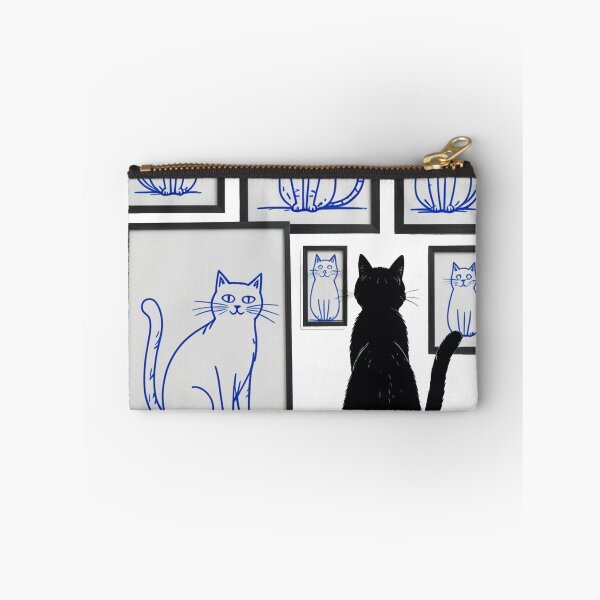 Item preview, Cat gallery t-shirt | Hand screen printed on beige organic cotton tee with black and blue illustration of a cat judging his own art designed and sold by wilyaneshop.