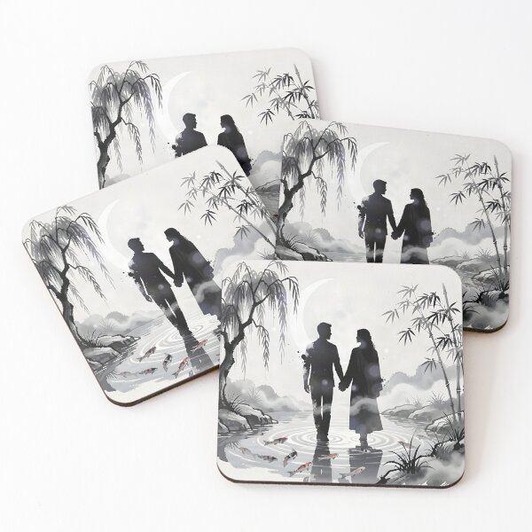 Item preview, Japanese Ink Wash Couple Walking Through Moonlit Bamboo Garden designed and sold by DreamyWallVibes.