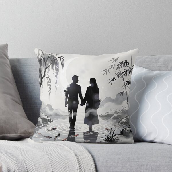 Item preview, Japanese Ink Wash Couple Walking Through Moonlit Bamboo Garden designed and sold by DreamyWallVibes.