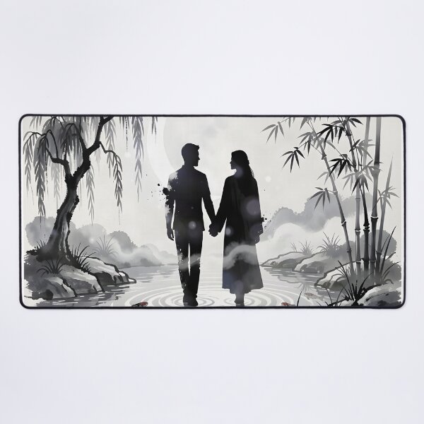 Item preview, Japanese Ink Wash Couple Walking Through Moonlit Bamboo Garden designed and sold by DreamyWallVibes.
