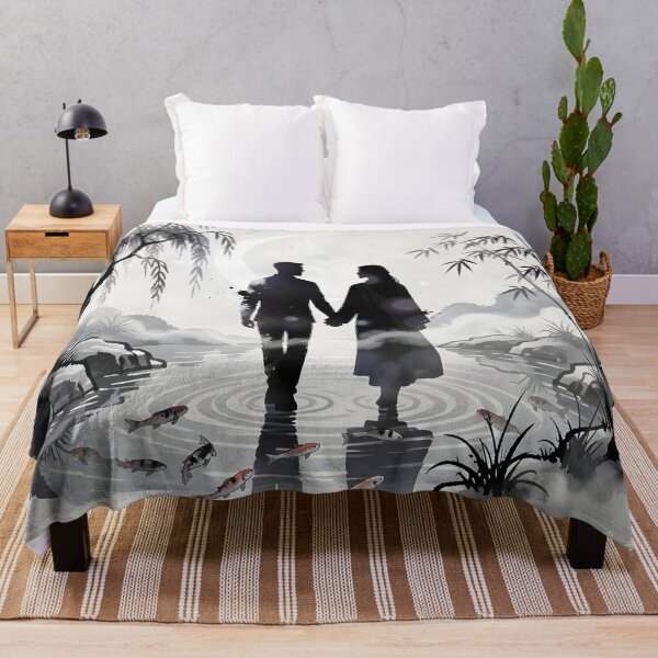 Item preview, Japanese Ink Wash Couple Walking Through Moonlit Bamboo Garden designed and sold by DreamyWallVibes.