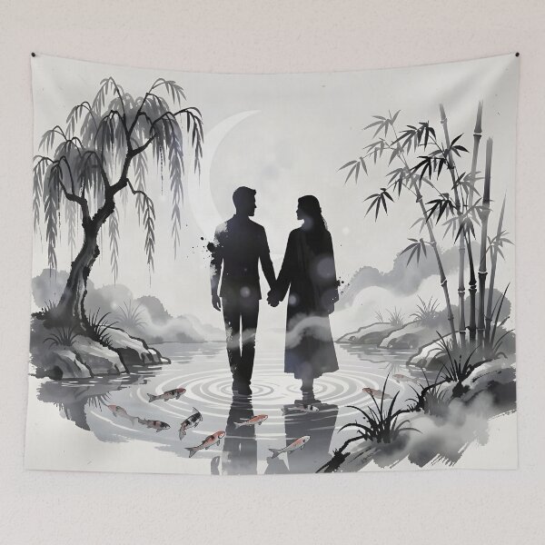 Item preview, Japanese Ink Wash Couple Walking Through Moonlit Bamboo Garden designed and sold by DreamyWallVibes.