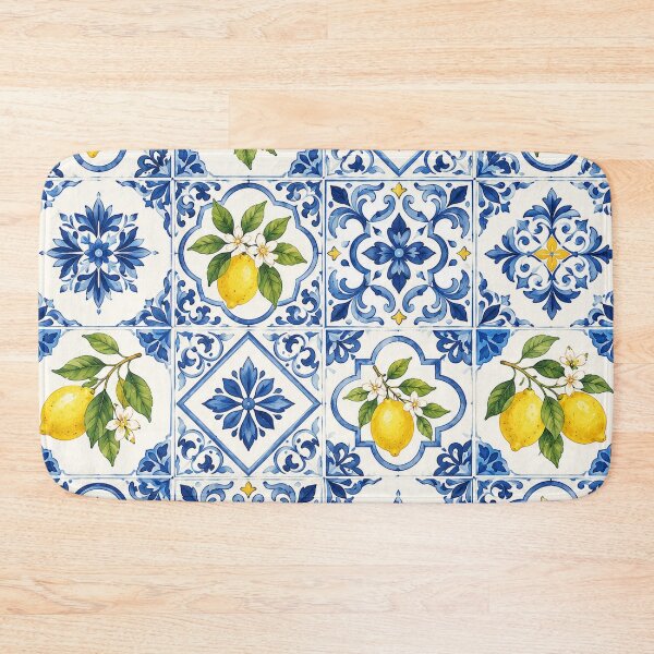 Item preview, Lemon & Blue Mediterranean Tile Pattern – Citrus Azulejo designed and sold by RJACreative.