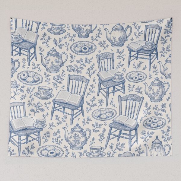 Item preview, Tea and Books Toile Seamless Pattern | Vintage Cozy Reading Toile Repeat designed and sold by StickyGuys.
