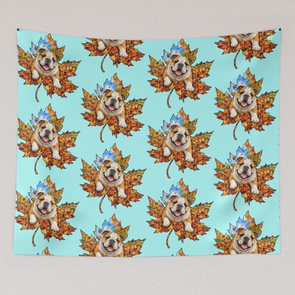 Item preview, Fall Bulldog Playing In Autumn Leaves designed and sold by Lion and Lamb Design.