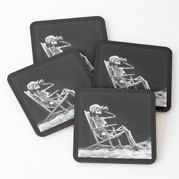 Item preview, Skeleton with Binoculars on the Beach – Gothic Vacation Dark Humor Art designed and sold by inkoutninja.