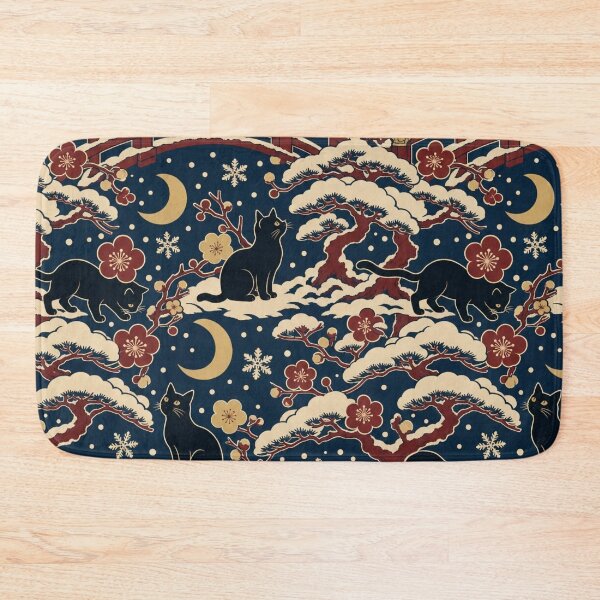 Item preview, Ukiyo-e Black Cat Winter Seamless Pattern | Japanese Woodblock Christmas Cat Indigo designed and sold by StickyGuys.