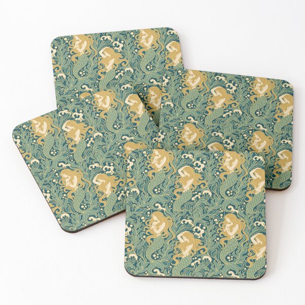Item preview, Art Nouveau Mermaid Seamless Pattern | Mucha Style Ocean Pattern Teal and Gold designed and sold by StickyGuys.