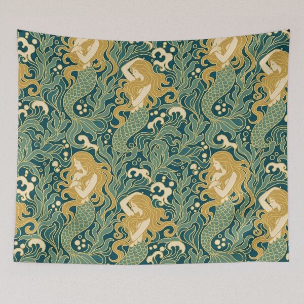 Item preview, Art Nouveau Mermaid Seamless Pattern | Mucha Style Ocean Pattern Teal and Gold designed and sold by StickyGuys.