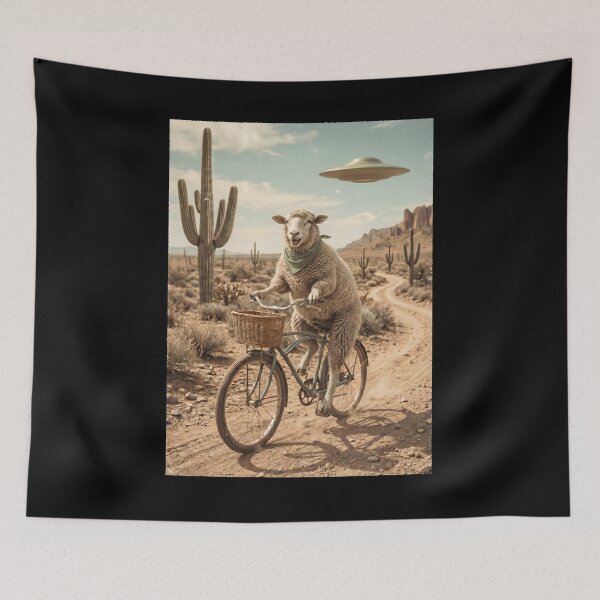 Item preview, Sheep Riding Bike Wild West Western UFO Animal Lover designed and sold by dian-rody-crest.