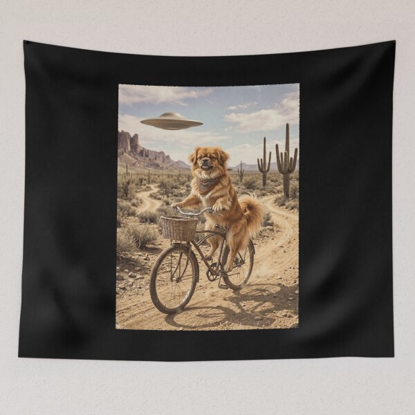 Item preview, Tibetan Spaniel Riding Bike Wild West Western UFO Dog Lover designed and sold by dian-rody-crest.