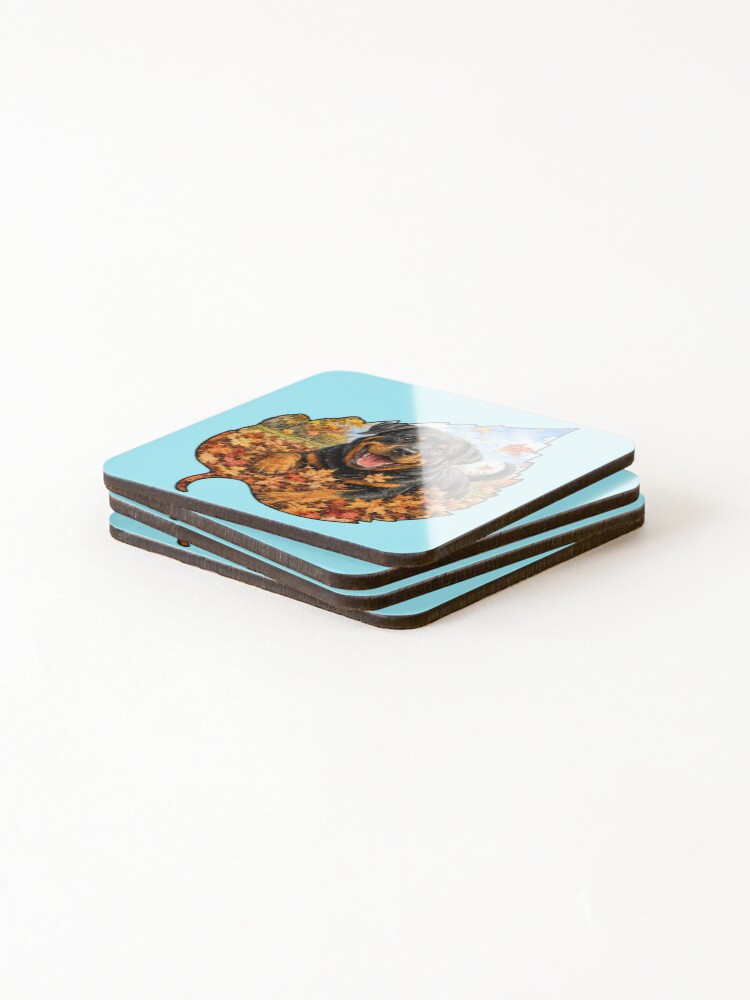 Thumbnail 4 of 5, Coasters (Set of 4), Fall Rottweiler Playing In Autumn Leaves designed and sold by Lion-LambDesign.