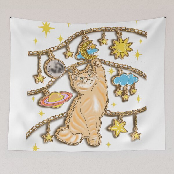 Item preview, Cosmic Orange Tabby Cat Charm playing with celestial charms designed and sold by Taçiana  Estrela.