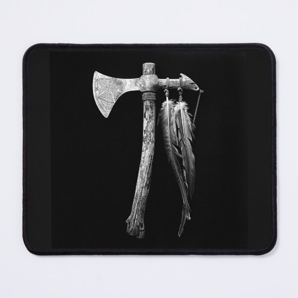 Item preview, Vintage Tomahawk Axe with Feathers – Black and White Warrior Art designed and sold by inkoutninja.