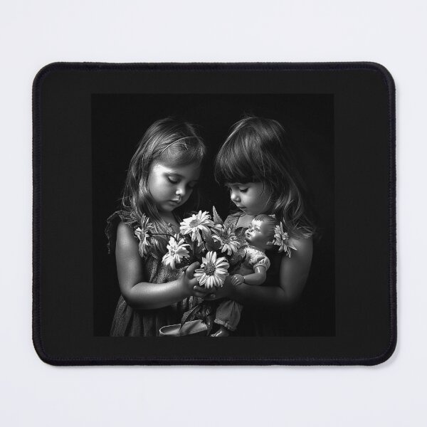 Item preview, Two Girls with Doll and Daisies – Nostalgic Black and White Childhood Art designed and sold by inkoutninja.