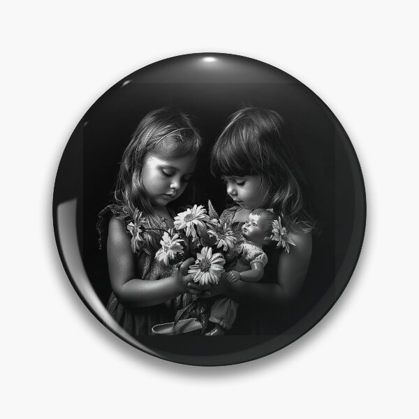 Item preview, Two Girls with Doll and Daisies – Nostalgic Black and White Childhood Art designed and sold by inkoutninja.