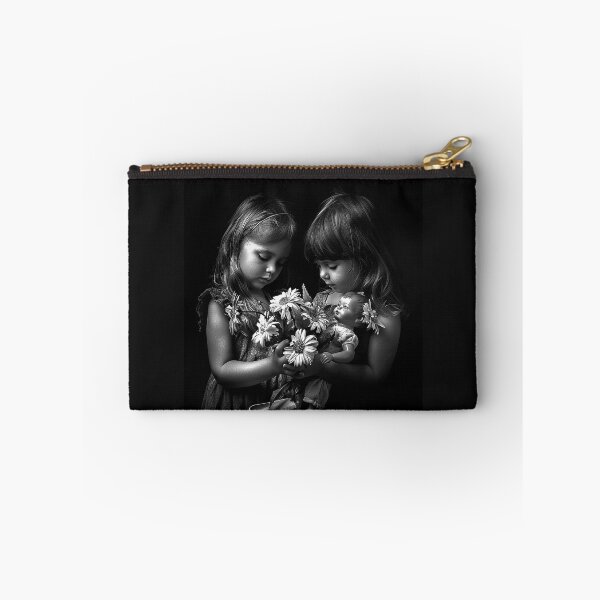 Item preview, Two Girls with Doll and Daisies – Nostalgic Black and White Childhood Art designed and sold by inkoutninja.