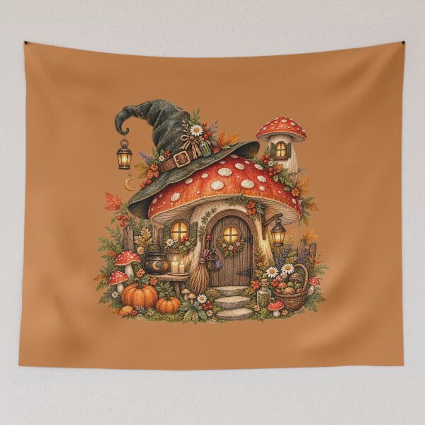 Item preview, Cottagecore Witch Toadstool Cottage Watercolor Art – Whimsical Halloween Print designed and sold by MagicMakerPh.