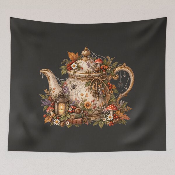 Item preview, Cottagecore Cobweb Teapot Watercolor Art – Cozy Halloween Kitchen Print designed and sold by MagicMakerPh.