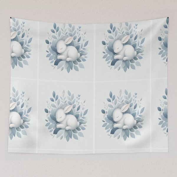 Item preview, Sleeping White Bunny with Soft Blue Botanical Leaves designed and sold by NarjaShop.