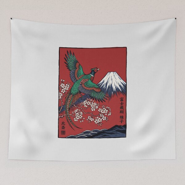 Item preview, Japanese Green Pheasant - Ukiyo-e Mt Fuji Art designed and sold by SplashTastic.