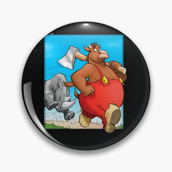 Item preview, Red Overalls Bull Carrying Axe On Shoulder Walking Past Angry Rhinoceros designed and sold by Manoharan Mathujan.