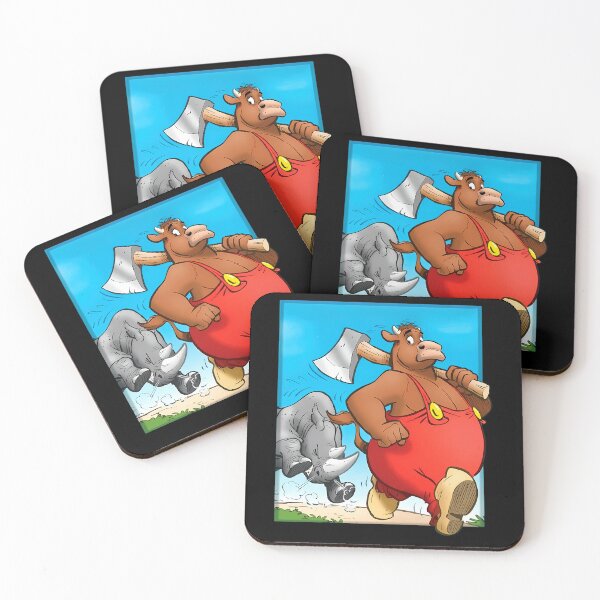 Item preview, Red Overalls Bull Carrying Axe On Shoulder Walking Past Angry Rhinoceros designed and sold by Manoharan Mathujan.