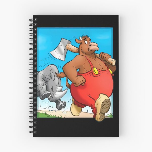 Item preview, Red Overalls Bull Carrying Axe On Shoulder Walking Past Angry Rhinoceros designed and sold by Manoharan Mathujan.