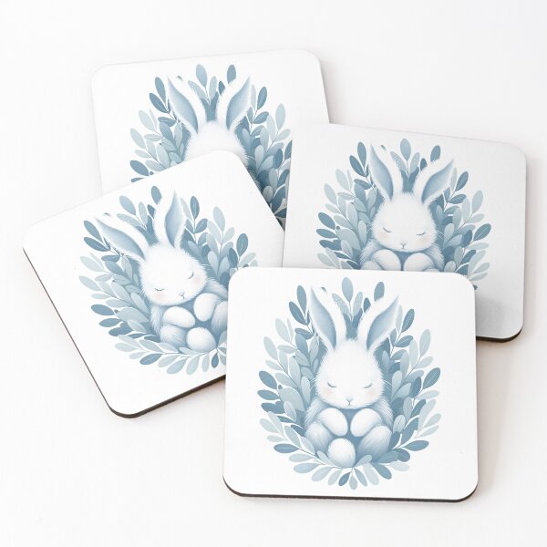 Item preview, Sleeping White Bunny with Blue Botanical Leaves designed and sold by NarjaShop.