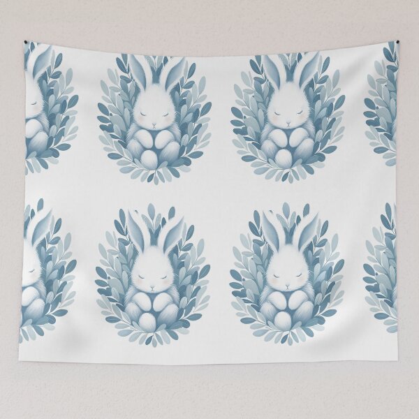 Item preview, Sleeping White Bunny with Blue Botanical Leaves designed and sold by NarjaShop.