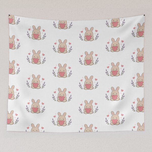 Item preview, Cute Kawaii Bunny Holding Heart Lavender Floral Aesthetic designed and sold by Rehnair.