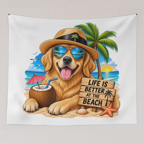 Item preview, Life Is Better at the Beach – Golden Retriever Summer designed and sold by ser-Ile.