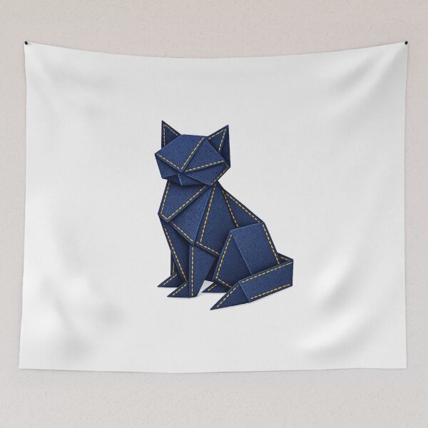 Item preview, Origami Denim Cat with Golden Stitching - Aesthetic Japanese Art designed and sold by teemix.