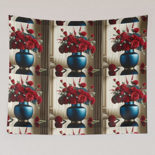 Item preview, Red Roses and Blue Hydrangeas in Royal Blue Vase designed and sold by NarjaShop.